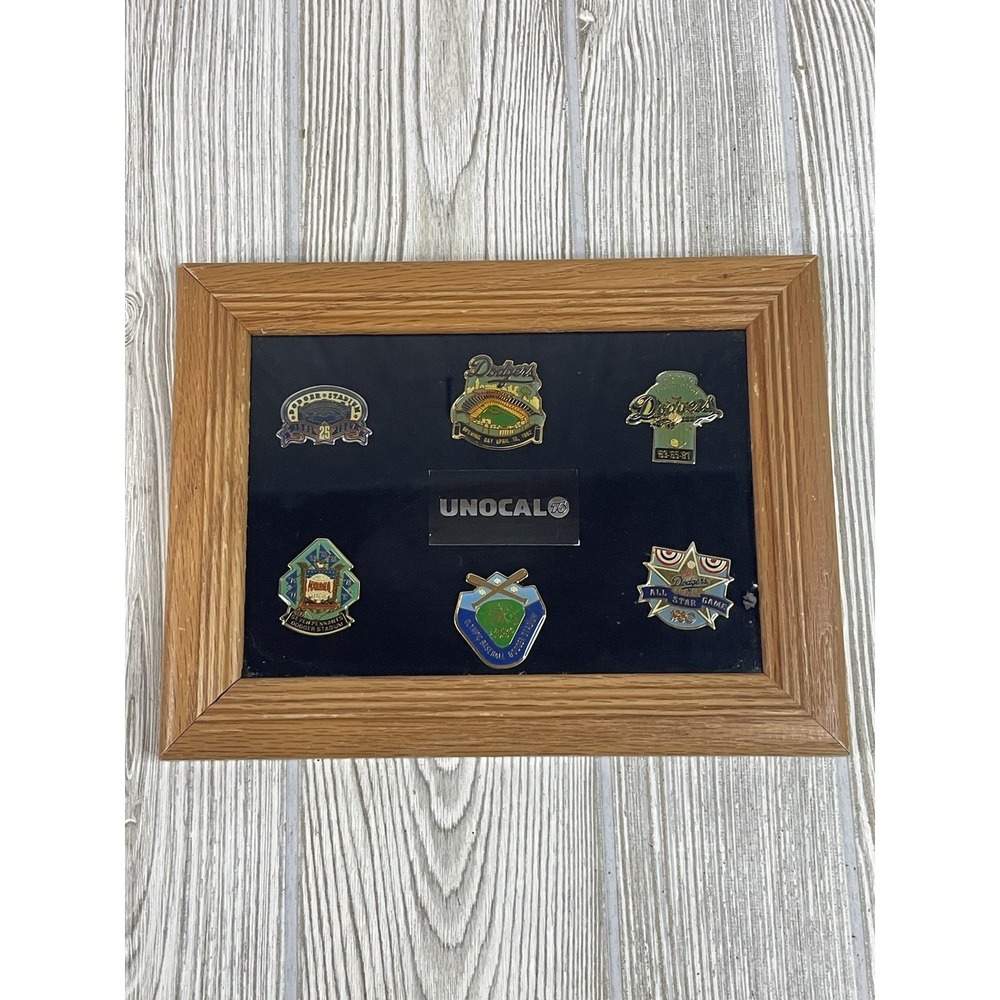 Lot Of 6 VTG 1990 Unocal 76 LA Dodgers Collector Pins Framed 8.5" x 6.5"
